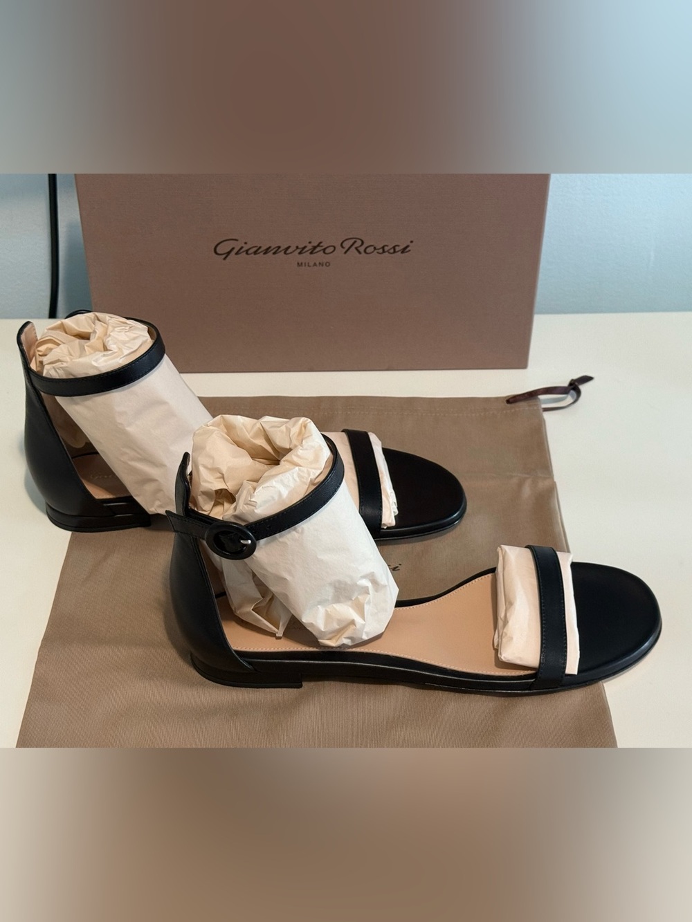 Gianvito Rossi Black Leather Ankle Strap Flat Sandals 38.5 NIB - Picture 3 of 5